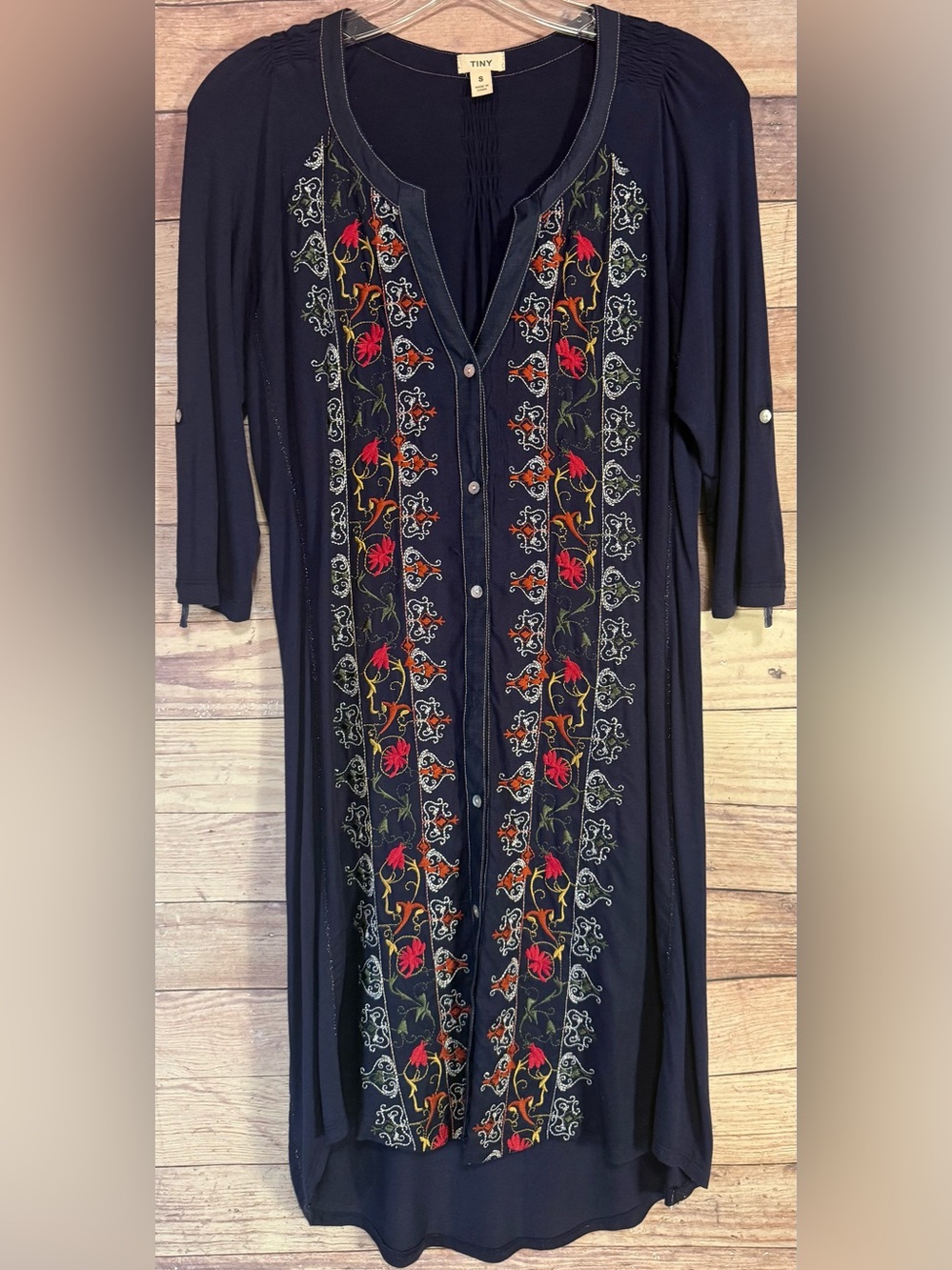 TINY Anthropologie Embroidered Button Front Blue Silk Modal Blend Dress